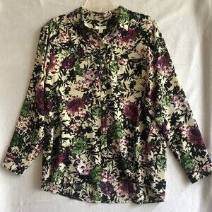 J. Jill Purple & Black Floral LightWeight Long Sleeve Button-Up Size S